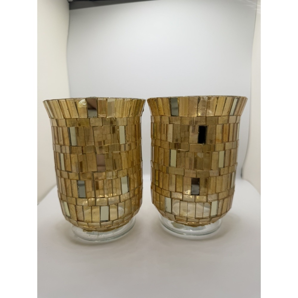 Vintage Mosaic Gold Glass Hurricane Candle Holders Pair Amber Retro 5in